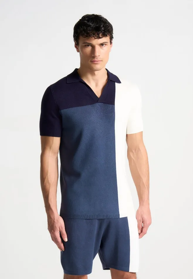 Men Manire De Voir Colour Block Knit Revere Polo Top Navysteel Blue