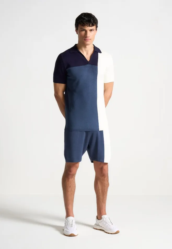 Men Manire De Voir Colour Block Knit Revere Polo Top Navysteel Blue