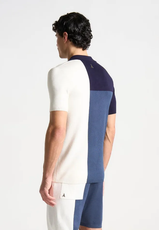 Men Manire De Voir Colour Block Knit Revere Polo Top Navysteel Blue