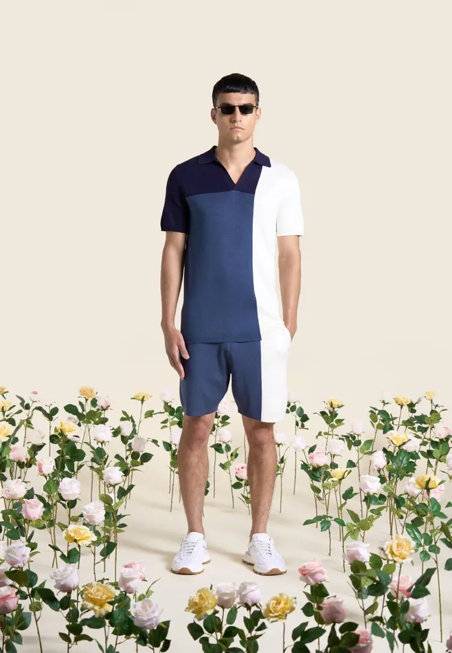 Men Manire De Voir Colour Block Knit Revere Polo Top Navysteel Blue