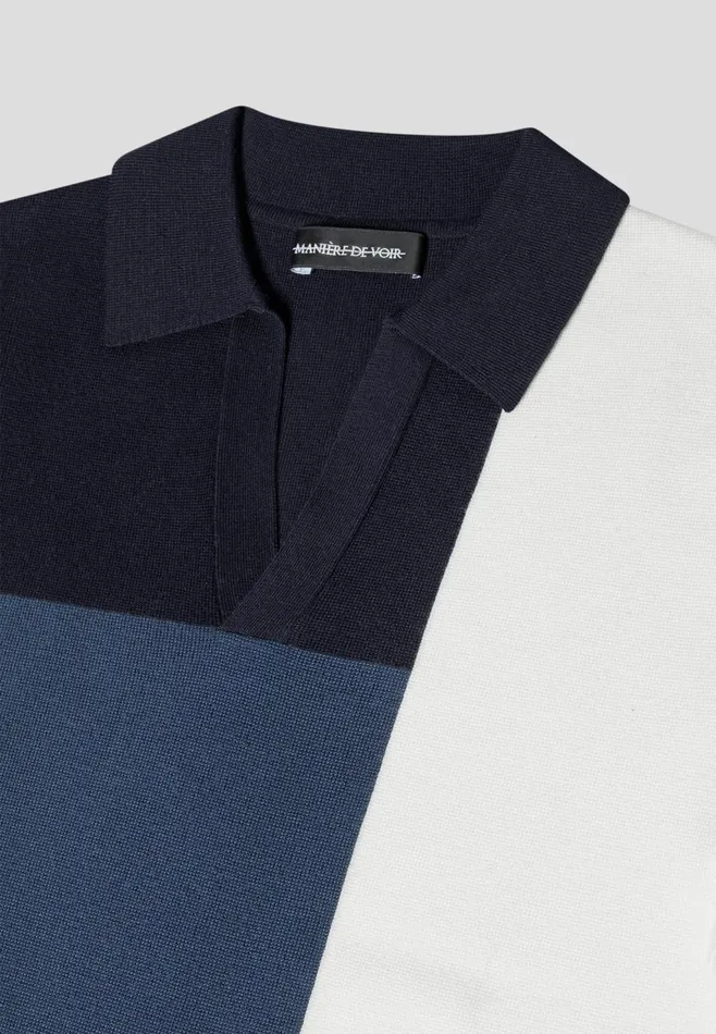 Men Manire De Voir Colour Block Knit Revere Polo Top Navysteel Blue