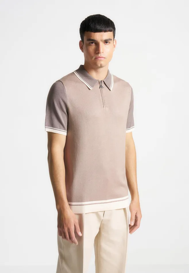 Men Manire De Voir Colour Block Zip Polo Shirt Taupe