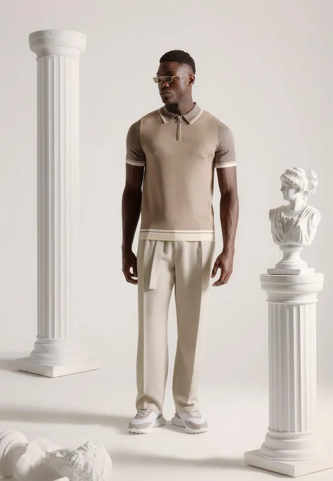 Men Manire De Voir Colour Block Zip Polo Shirt Taupe
