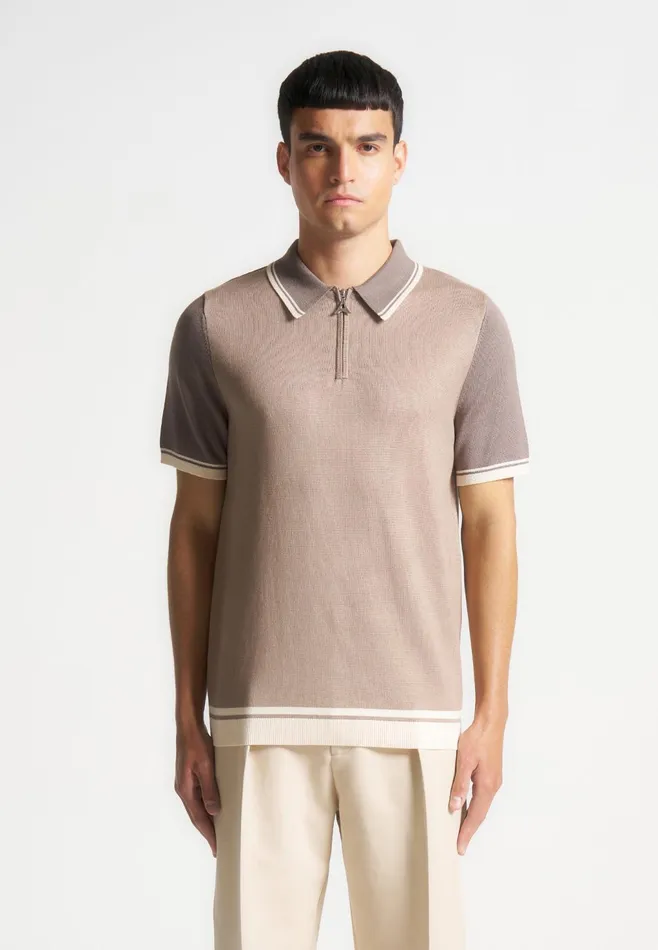 Men Manire De Voir Colour Block Zip Polo Shirt Taupe