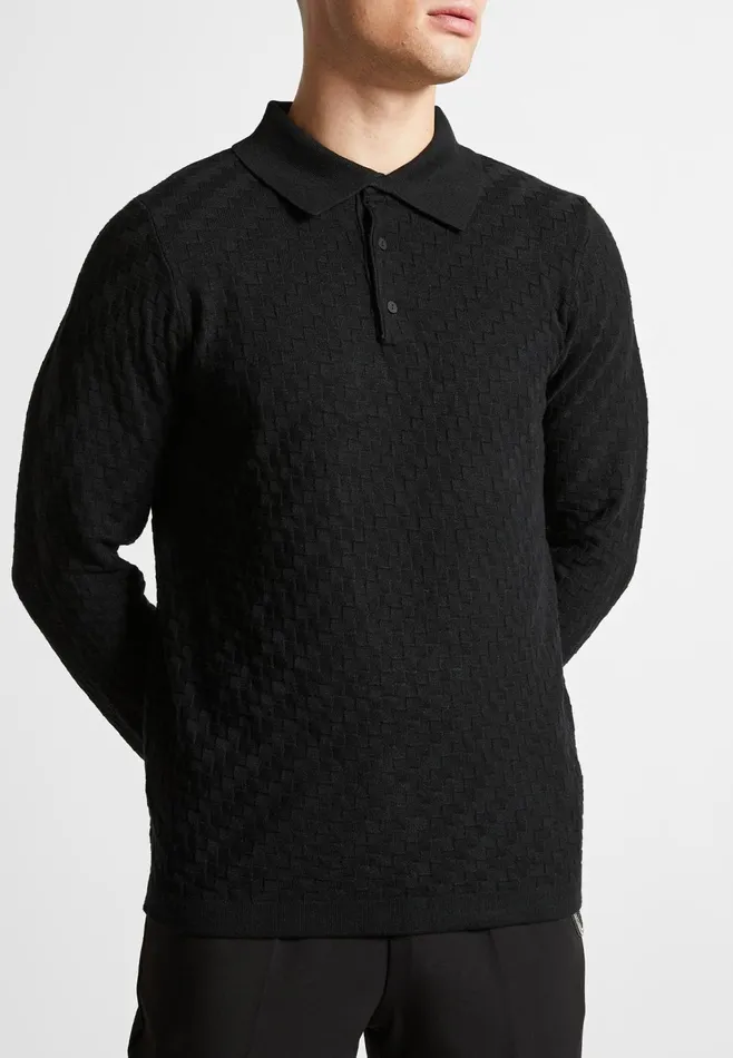 Men Manire De Voir Cotton Blend Waffle Knit Long Sleeve Polo Top Black