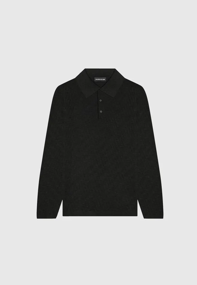 Men Manire De Voir Cotton Blend Waffle Knit Long Sleeve Polo Top Black