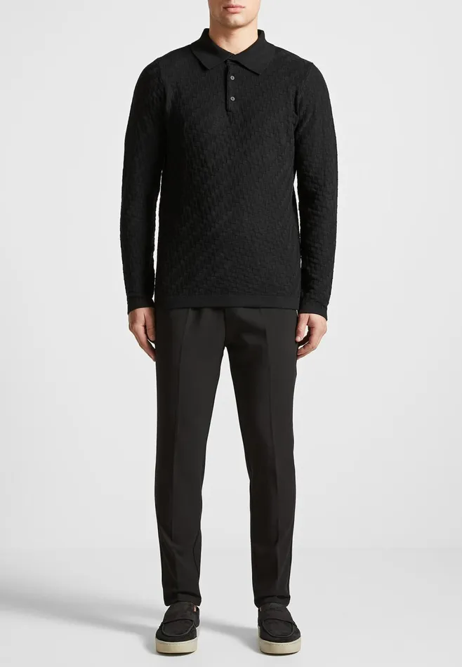 Men Manire De Voir Cotton Blend Waffle Knit Long Sleeve Polo Top Black