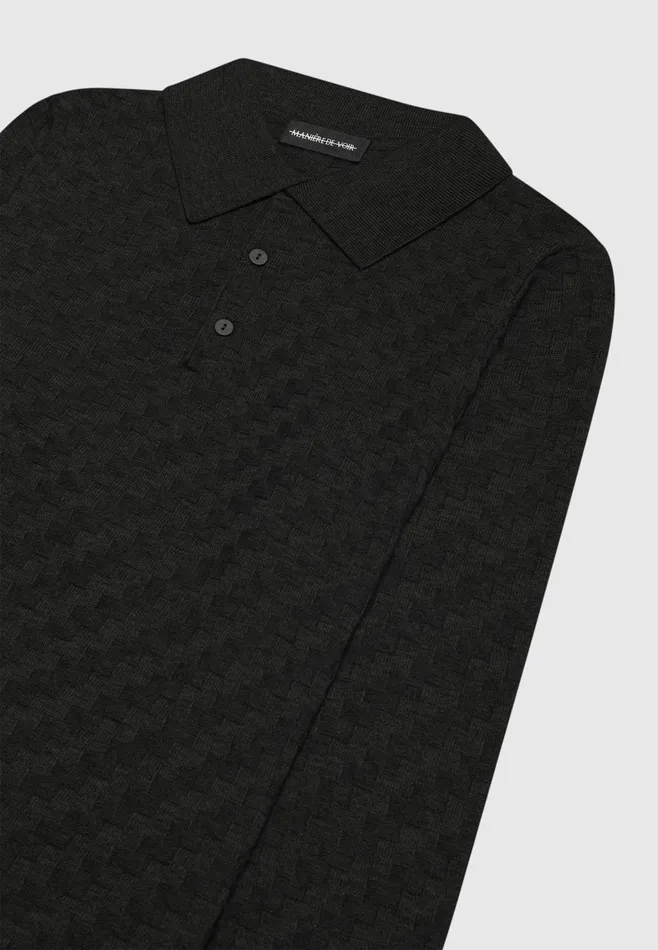 Men Manire De Voir Cotton Blend Waffle Knit Long Sleeve Polo Top Black