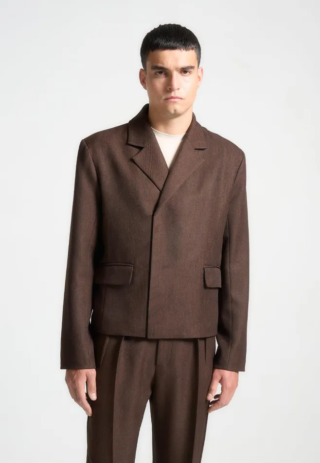 Men Manire De Voir Double Breasted Tailored Cropped Blazer Brown