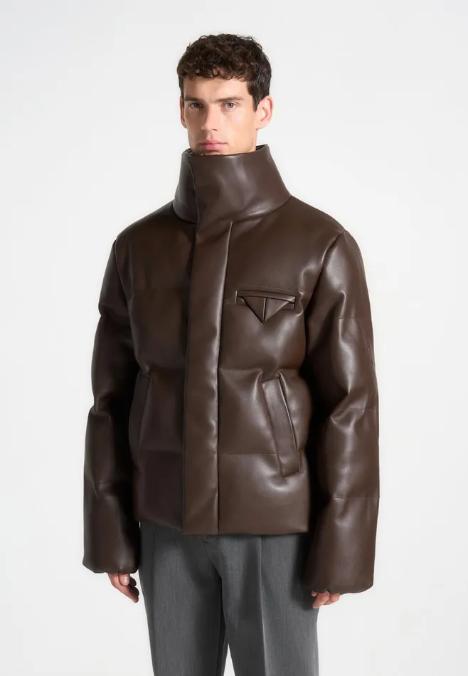 Men Manire De Voir Leather Puffer Jacket Brown