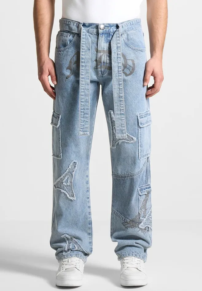 Men Manire De Voir Mdv Rhinestone Eiffel Patch Jeans Stonewash Blue