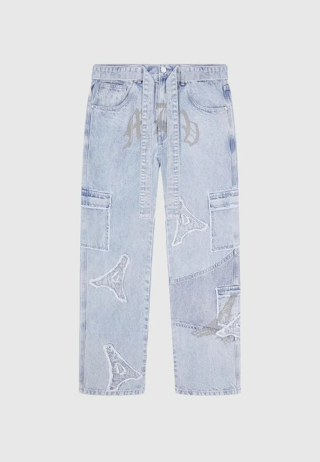 Men Manire De Voir Mdv Rhinestone Eiffel Patch Jeans Stonewash Blue