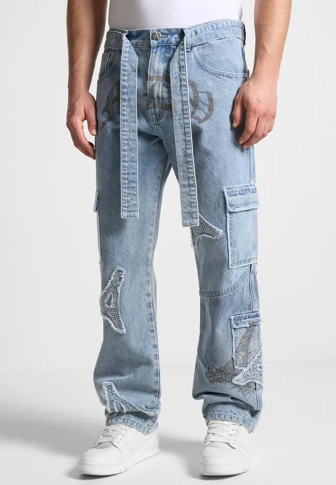 Men Manire De Voir Mdv Rhinestone Eiffel Patch Jeans Stonewash Blue