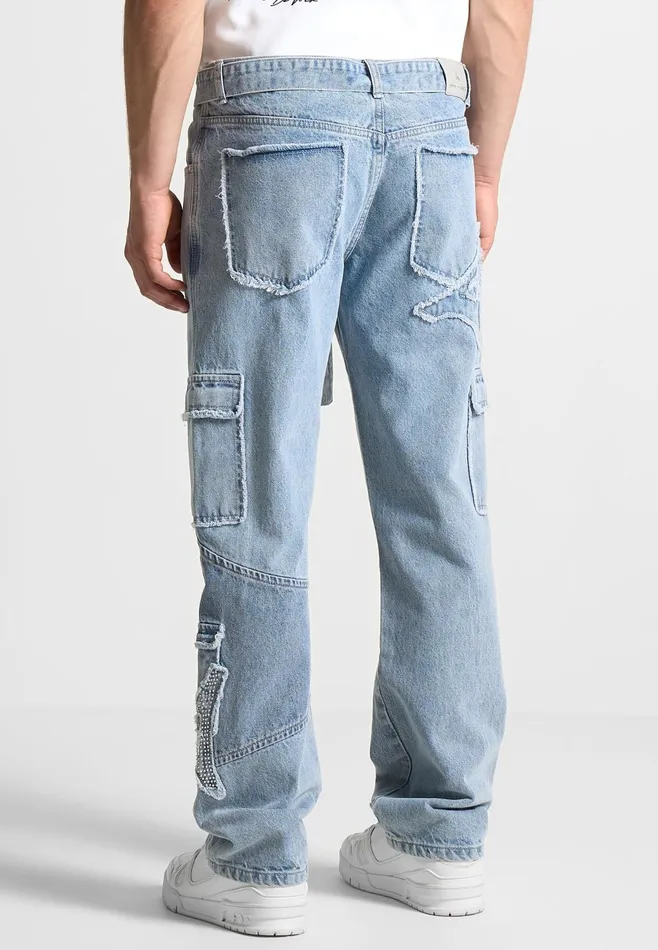 Men Manire De Voir Mdv Rhinestone Eiffel Patch Jeans Stonewash Blue