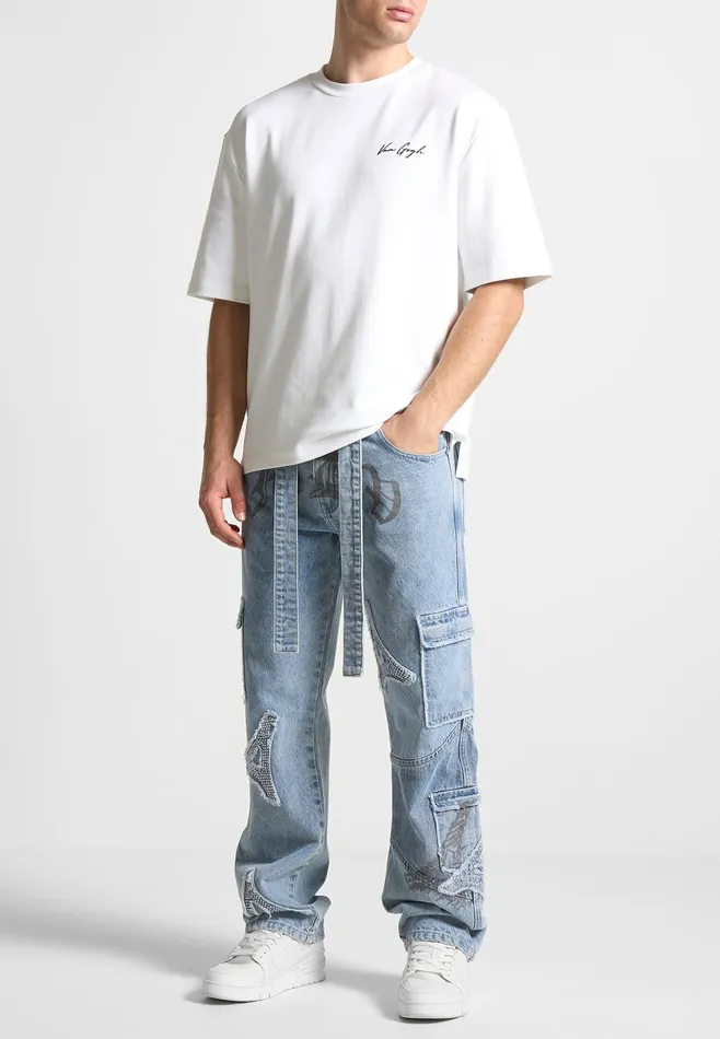 Men Manire De Voir Mdv Rhinestone Eiffel Patch Jeans Stonewash Blue