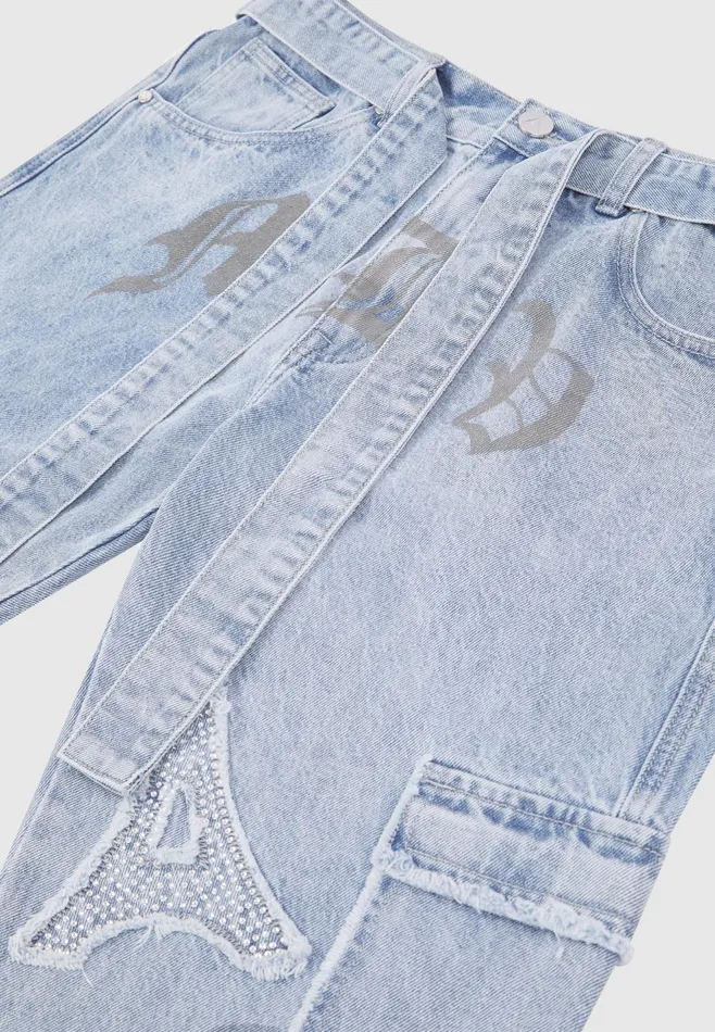 Men Manire De Voir Mdv Rhinestone Eiffel Patch Jeans Stonewash Blue