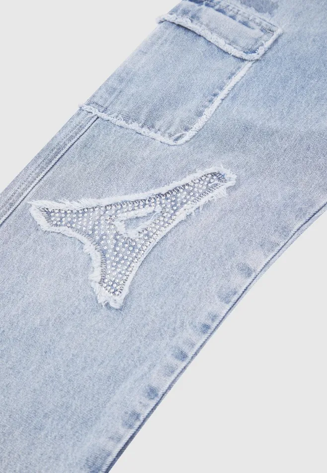 Men Manire De Voir Mdv Rhinestone Eiffel Patch Jeans Stonewash Blue