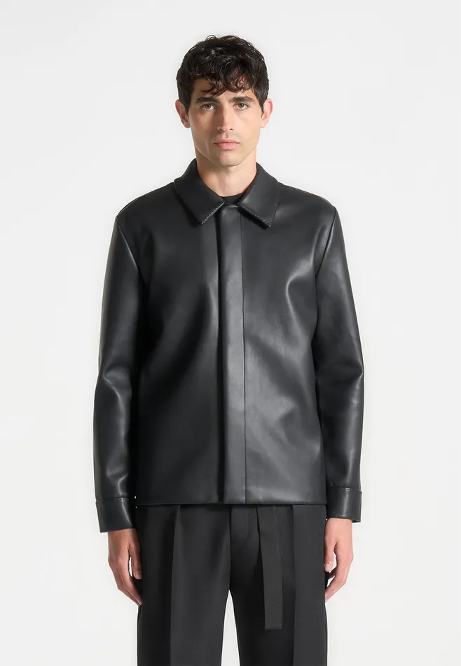 Men Manire De Voir Minimal Leather Shirt Black