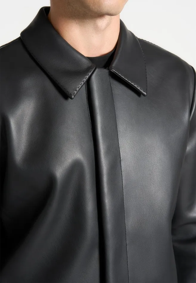 Men Manire De Voir Minimal Leather Shirt Black