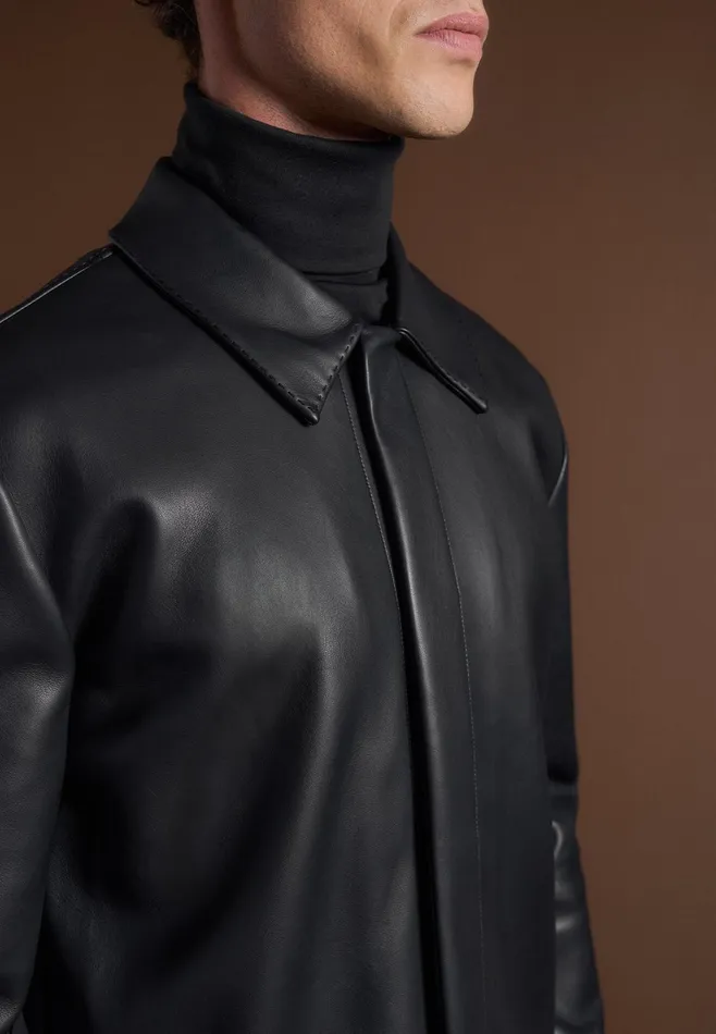 Men Manire De Voir Minimal Leather Shirt Black
