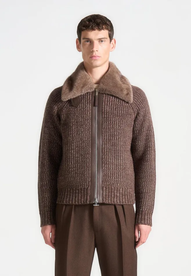 Men Manire De Voir Plush Collar Wool Knit Jacket Brown
