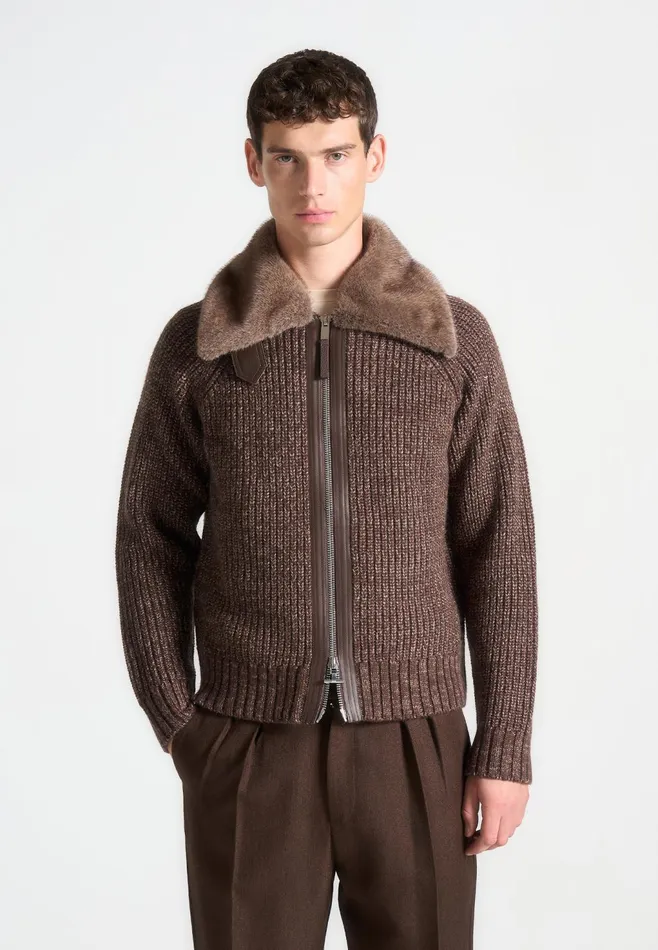 Men Manire De Voir Plush Collar Wool Knit Jacket Brown