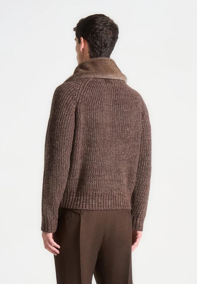 Men Manire De Voir Plush Collar Wool Knit Jacket Brown