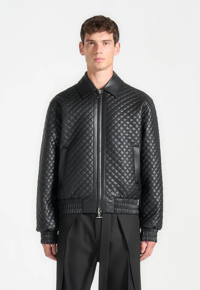 Men Manire De Voir Quilted Leather Varsity Jacket Black