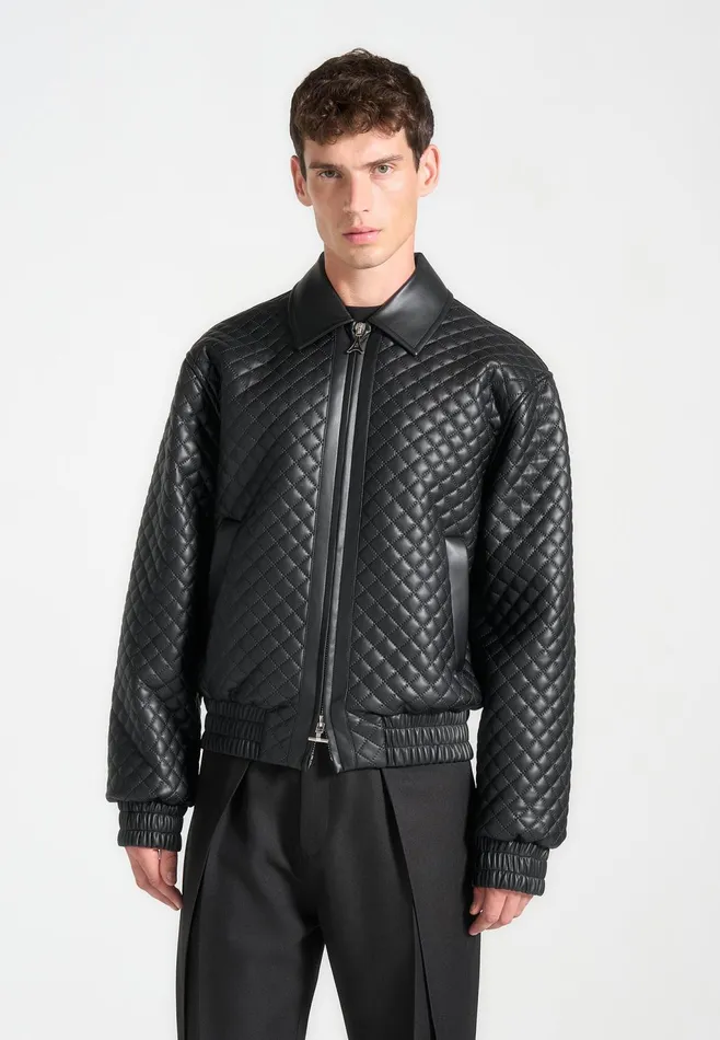 Men Manire De Voir Quilted Leather Varsity Jacket Black