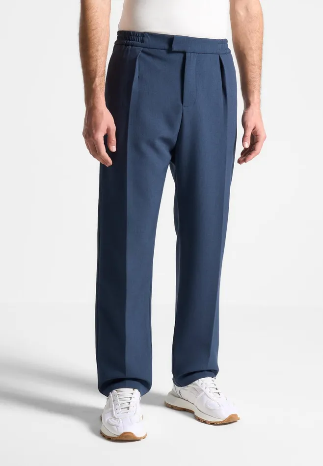 Men Manire De Voir Relaxed Fit Hatched Pleated Tailored Trousers Blue