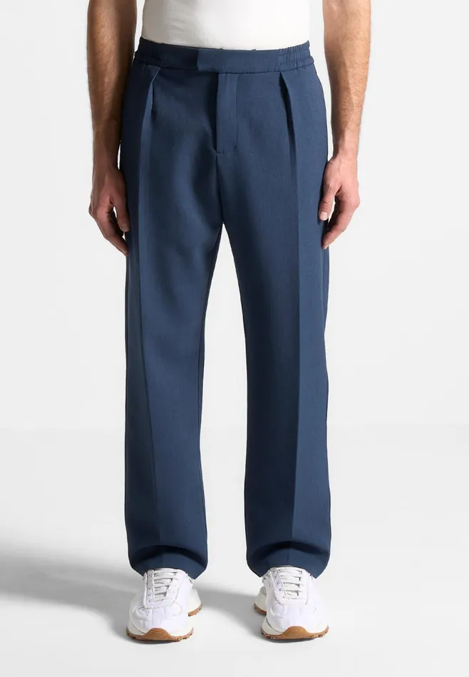 Men Manire De Voir Relaxed Fit Hatched Pleated Tailored Trousers Blue
