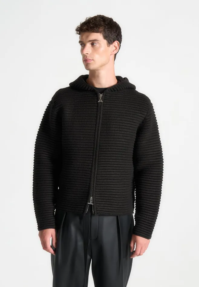 Men Manire De Voir Ribbed Knit Zip Up Hoodie Black