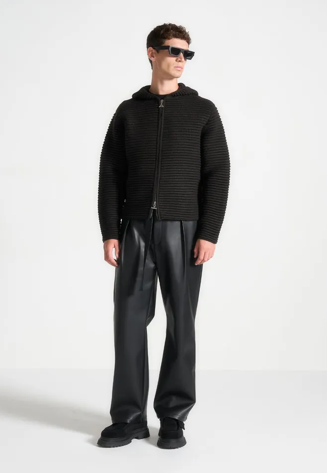 Men Manire De Voir Ribbed Knit Zip Up Hoodie Black