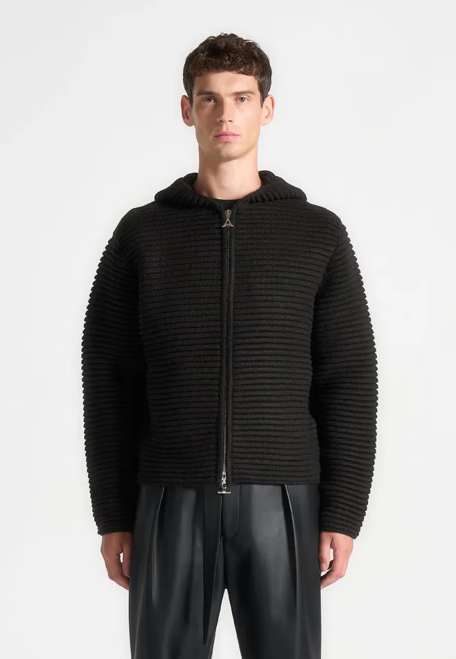 Men Manire De Voir Ribbed Knit Zip Up Hoodie Black