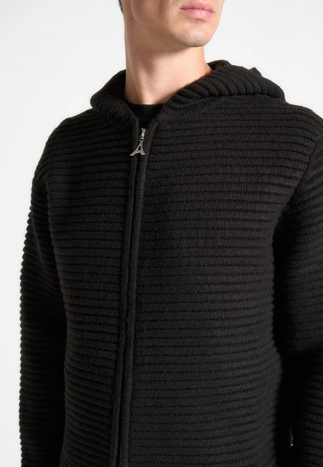 Men Manire De Voir Ribbed Knit Zip Up Hoodie Black