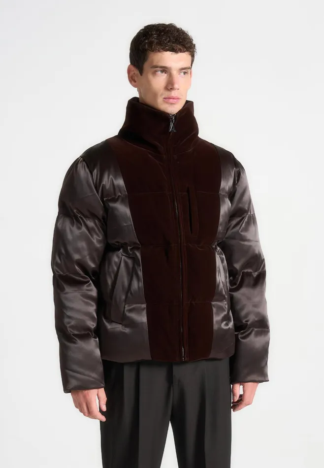 Men Manire De Voir Satin And Velvet Panelled Puffer Jacket Brown