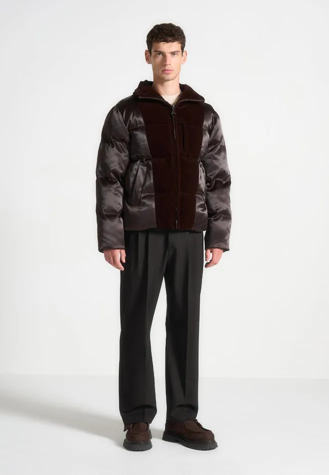 Men Manire De Voir Satin And Velvet Panelled Puffer Jacket Brown