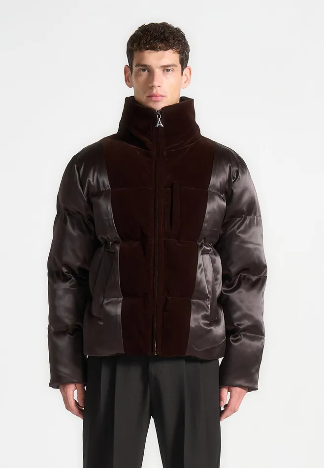 Men Manire De Voir Satin And Velvet Panelled Puffer Jacket Brown