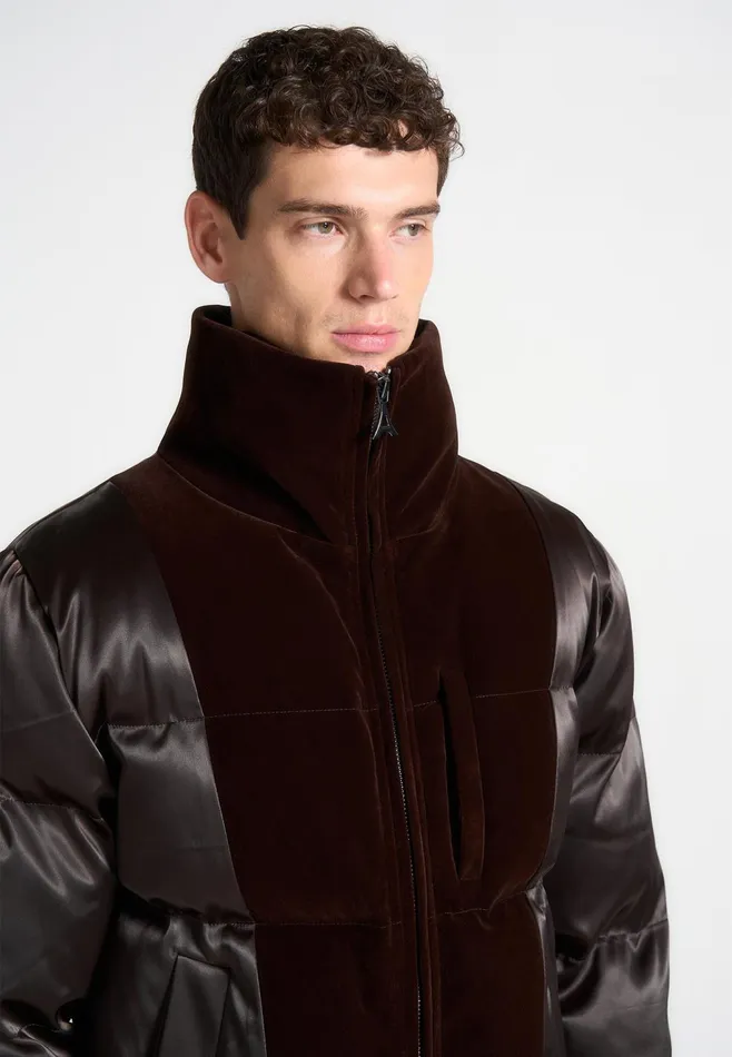 Men Manire De Voir Satin And Velvet Panelled Puffer Jacket Brown
