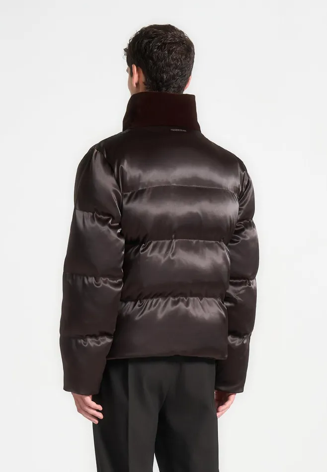 Men Manire De Voir Satin And Velvet Panelled Puffer Jacket Brown