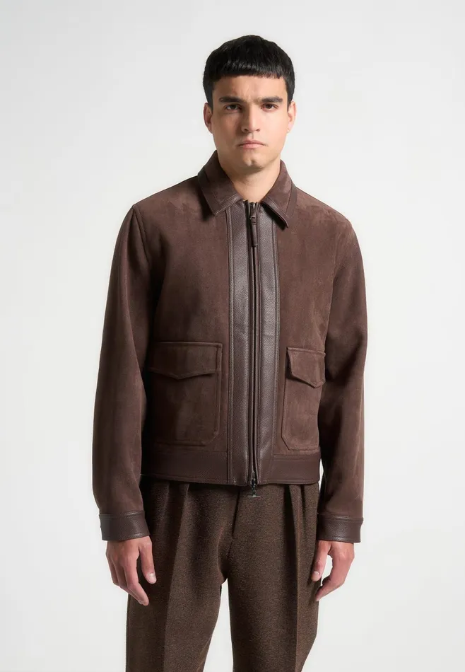 Men Manire De Voir Suede and Pebbled Leather Jacket Brown