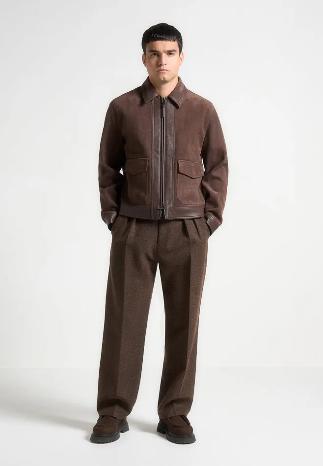 Men Manire De Voir Suede and Pebbled Leather Jacket Brown