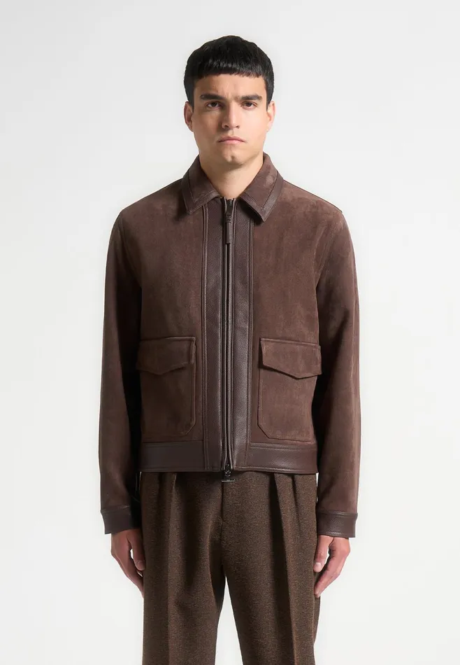 Men Manire De Voir Suede and Pebbled Leather Jacket Brown