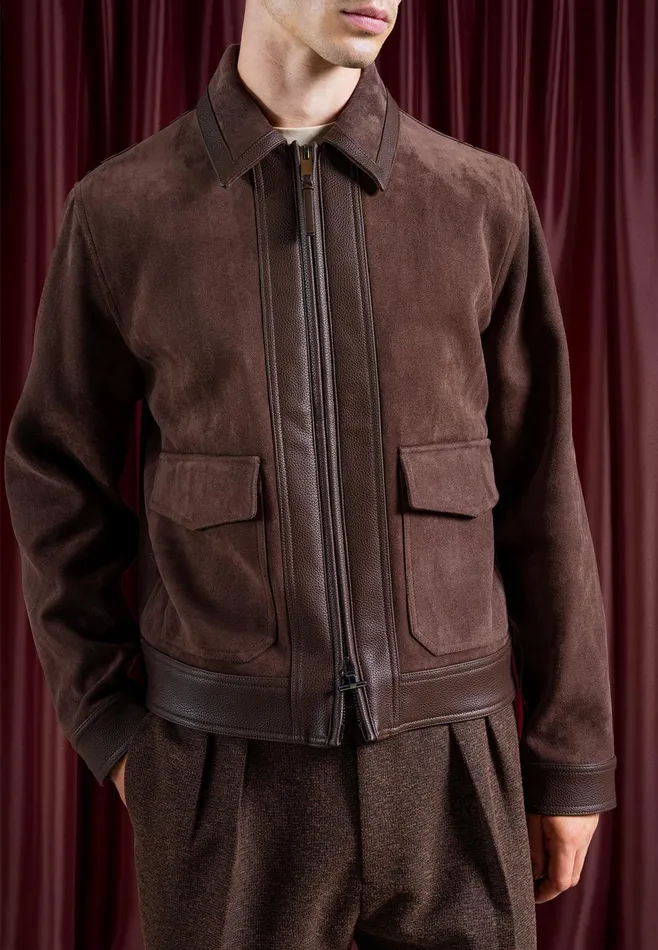 Men Manire De Voir Suede and Pebbled Leather Jacket Brown