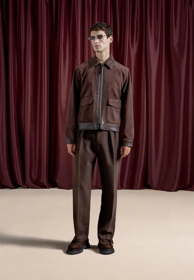 Men Manire De Voir Suede and Pebbled Leather Jacket Brown