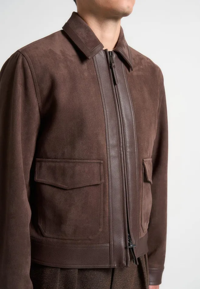 Men Manire De Voir Suede and Pebbled Leather Jacket Brown