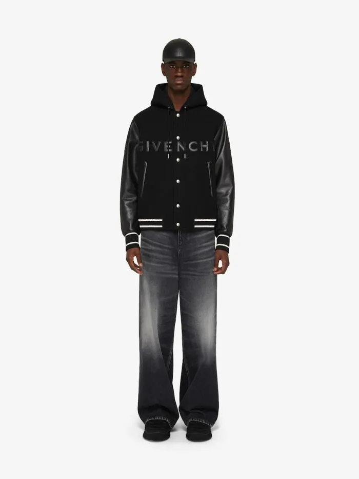 Men Outerwear and Blousons Givenchy GIVENCHY Hooded Varsity Jacket In Wool And Leather Black Men Outerwear and Blousons Givenchy GIVENCHY Hooded Varsity Jacket In Wool And Leather Black