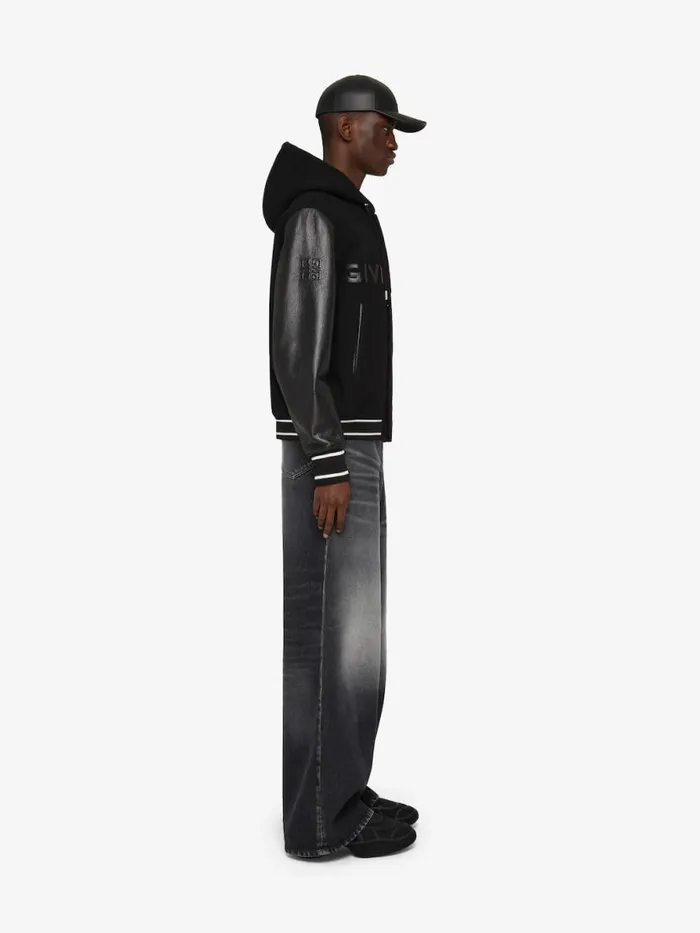 Men Outerwear and Blousons Givenchy GIVENCHY Hooded Varsity Jacket In Wool And Leather Black