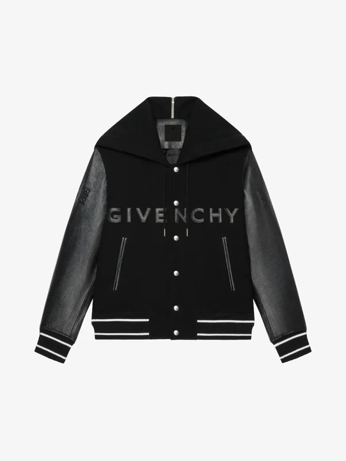 Men Outerwear and Blousons Givenchy GIVENCHY Hooded Varsity Jacket In Wool And Leather Black