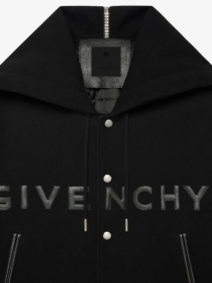 Men Outerwear and Blousons Givenchy GIVENCHY Hooded Varsity Jacket In Wool And Leather Black